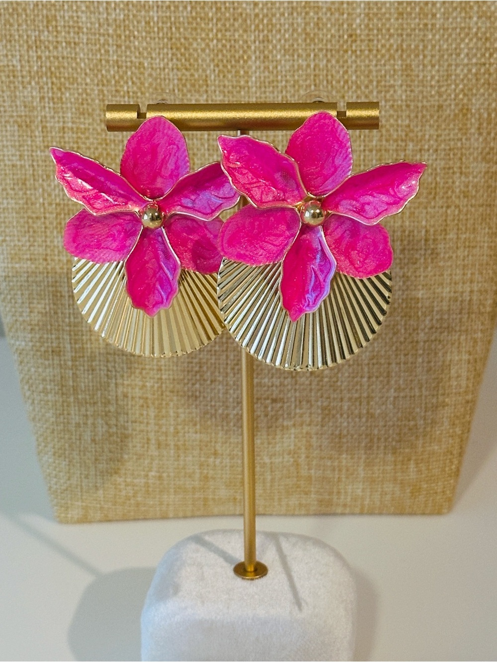 Fashion Jewelry Gold Disc Earrings with Bright Pink Floral Accent